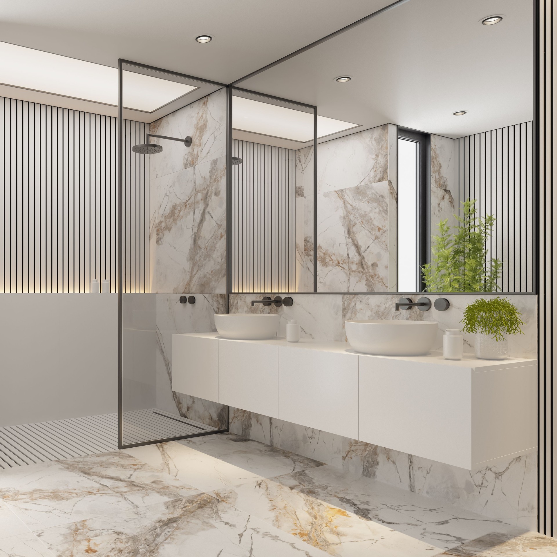 Modern White Bathroom with Marble Tiles and Indoor Plants