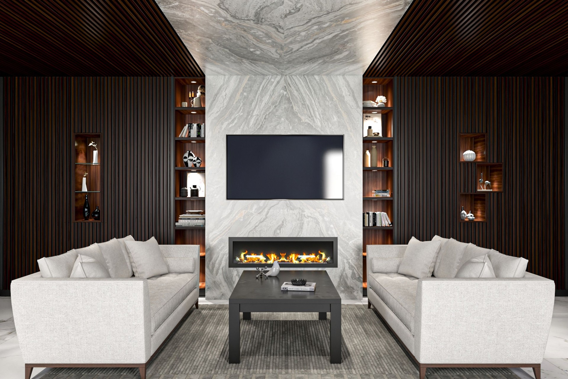 Modern Living Room with Luxurious Fireplace and Elegant Furniture Design