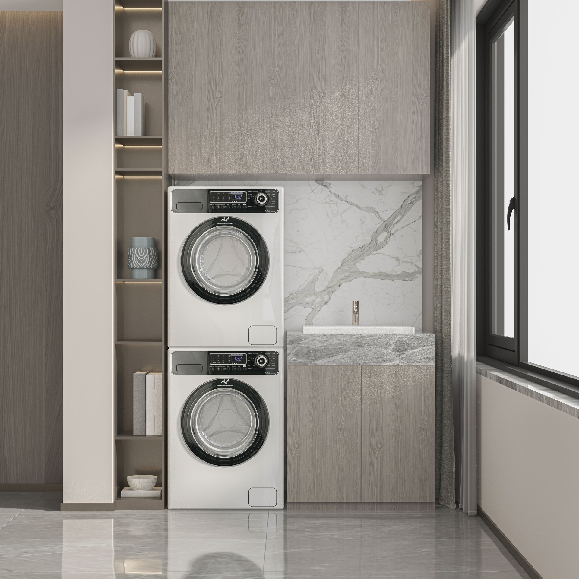 3D render laundry cabinet with washing machine.3D render